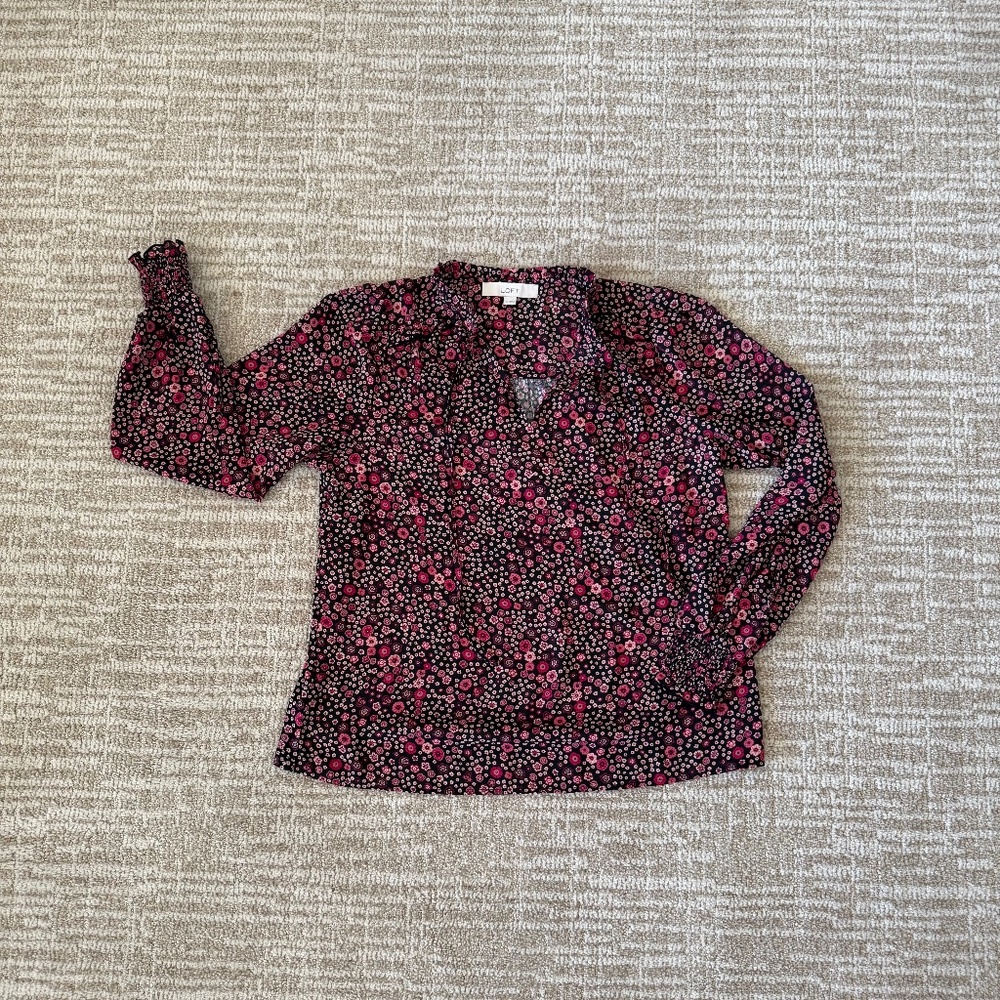 LOFT Ruffle Tie Neck Mixed Media Blouse